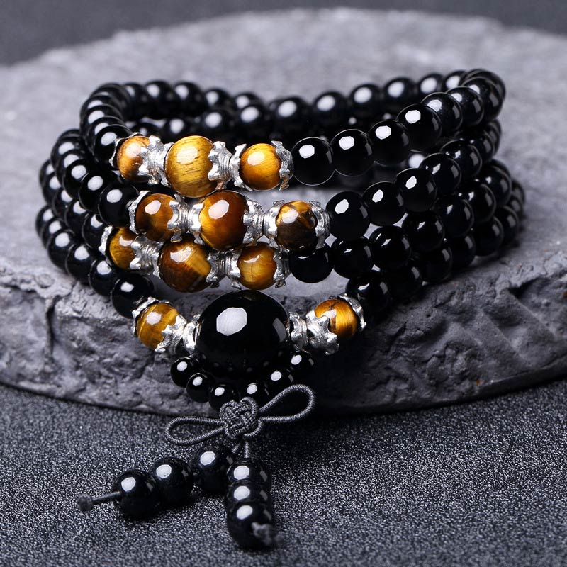 Buddha Stones Bracciale Mala con 108 perle in ossidiana nera naturale e occhio di tigre - Image 2