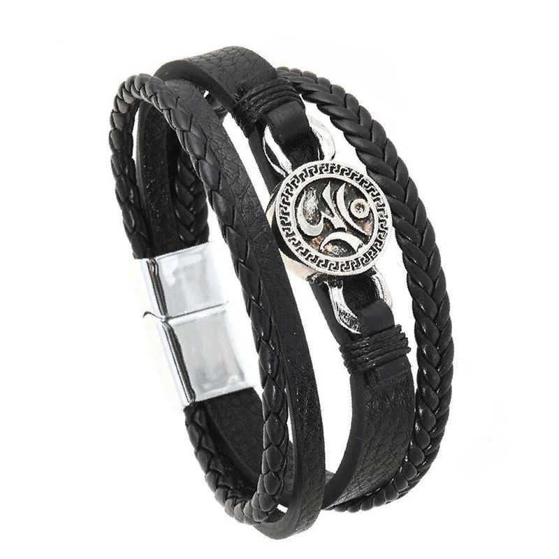 Bracciale retrò in pelle intrecciata multistrato con Buddha Stones Om inciso, rotondo, con pietre di Buddha. - Image 3