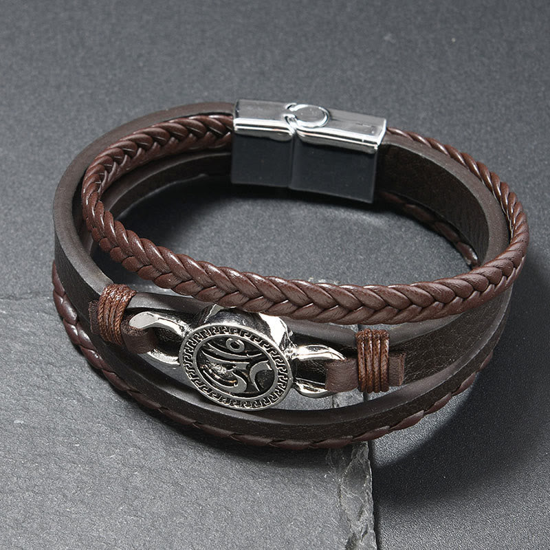 Bracciale retrò in pelle intrecciata multistrato con Buddha Stones Om inciso, rotondo, con pietre di Buddha. - Image 4
