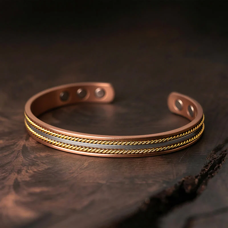 Buddha Stones Bracciale rigido con anello e polsino portafortuna in rame con design retrò intrecciato