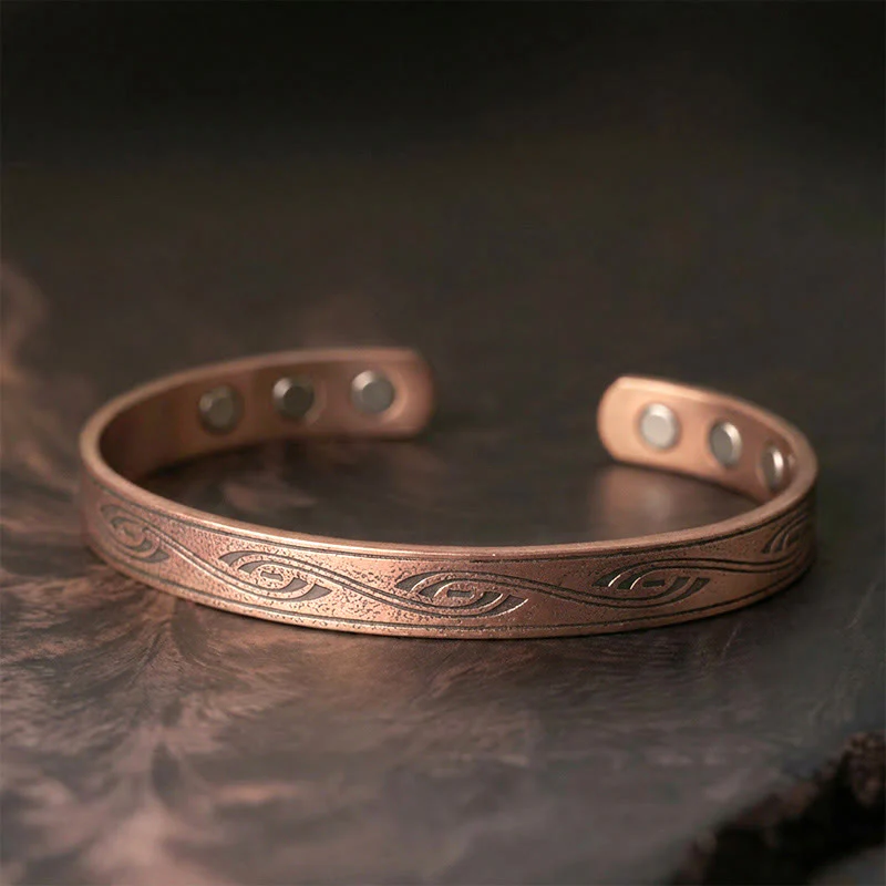 Buddha Stones Bracciale rigido regolabile aperto in rame con motivo a spirale