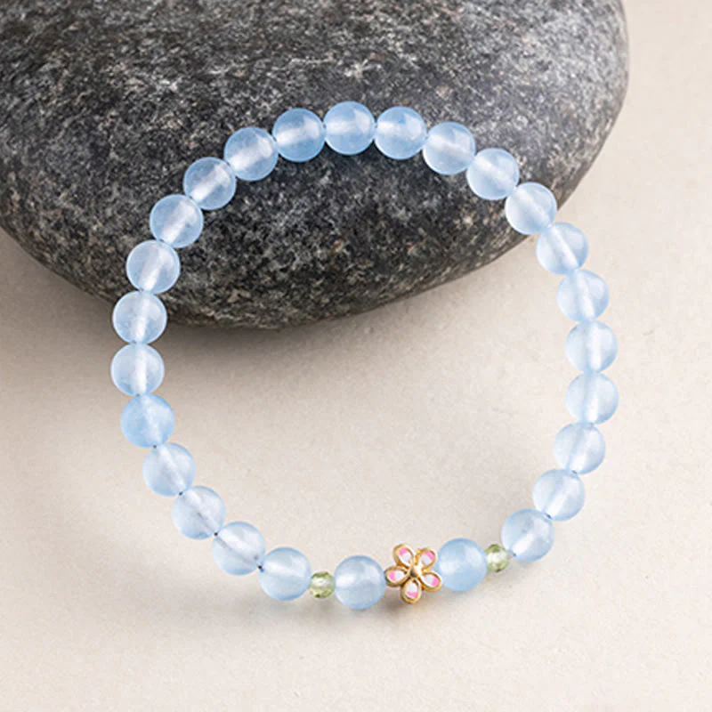 Buddha Stones Bracciale terapeutico floreale in rame placcato oro e acquamarina naturale - Image 2