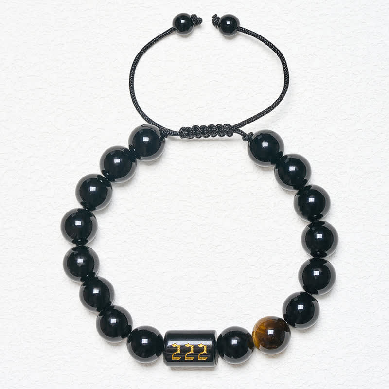 Buddha Stones Braccialetto con numero angelico, ossidiana nera naturale e occhio di tigre, simbolo di forza e realizzazione personale. - Image 16