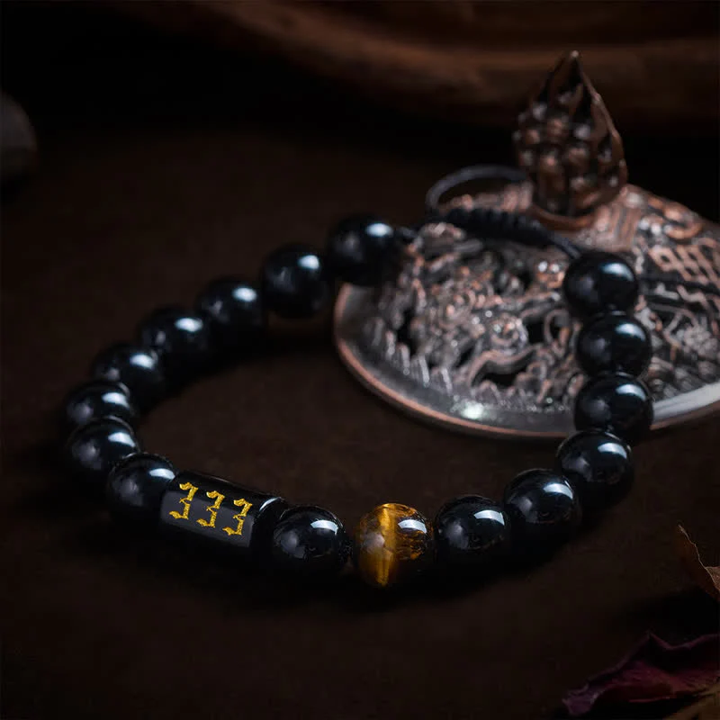 Buddha Stones Braccialetto con numero angelico, ossidiana nera naturale e occhio di tigre, simbolo di forza e realizzazione personale. - Image 3