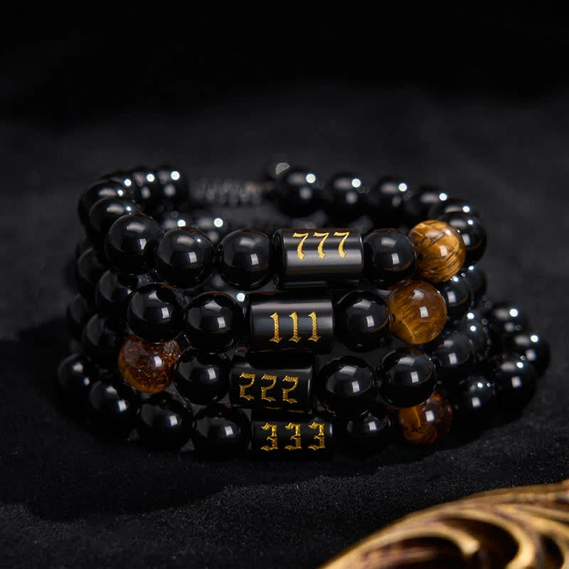 Buddha Stones Braccialetto con numero angelico, ossidiana nera naturale e occhio di tigre, simbolo di forza e realizzazione personale. - Image 34