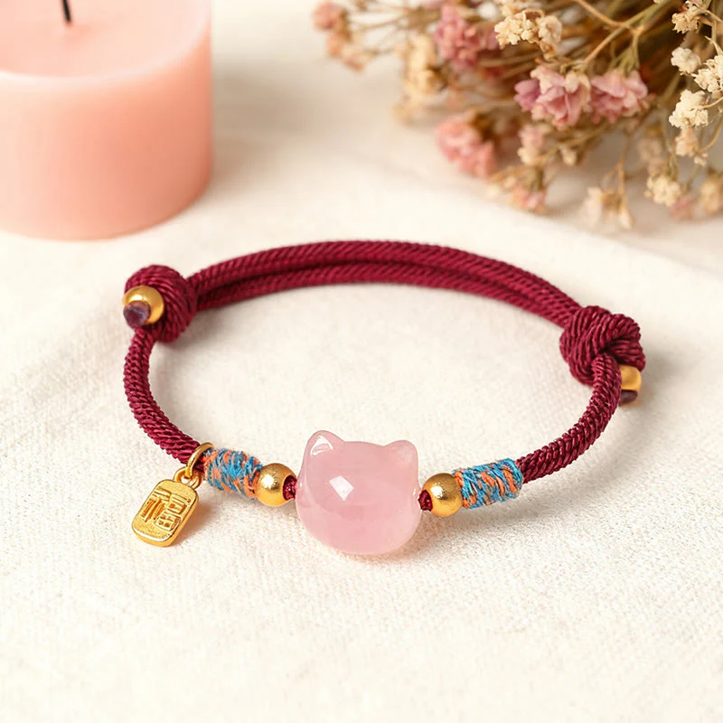 Buddha Stones Braccialetto di protezione con cordino di cristallo rosa ossidiana e carattere Cat Fu - Image 15