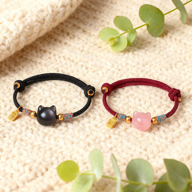 Buddha Stones Braccialetto di protezione con cordino di cristallo rosa ossidiana e carattere Cat Fu - Image 17