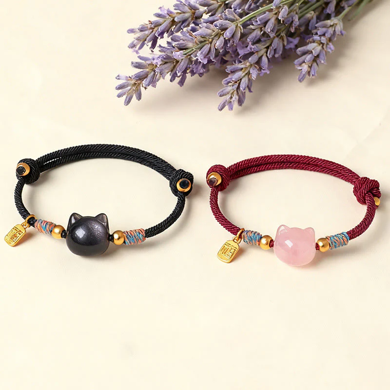 Buddha Stones Braccialetto di protezione con cordino di cristallo rosa ossidiana e carattere Cat Fu - Image 18