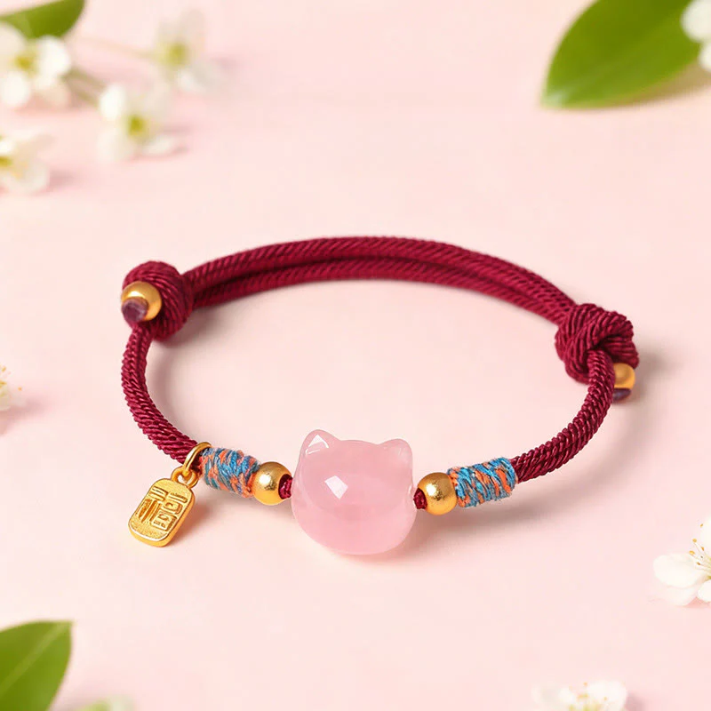 Buddha Stones Braccialetto di protezione con cordino di cristallo rosa ossidiana e carattere Cat Fu - Image 9
