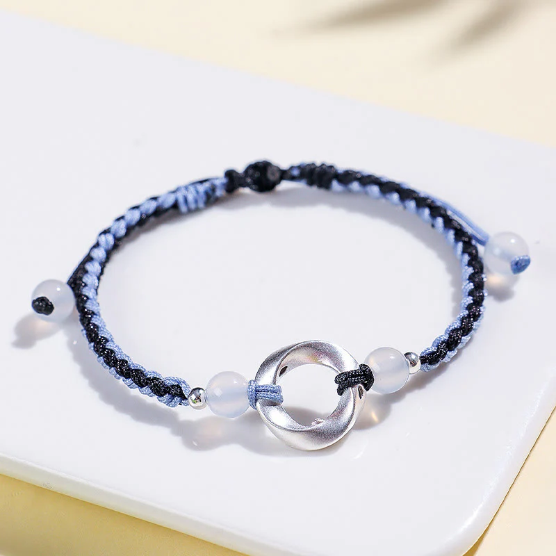 Buddha Stones Braccialetto di protezione in argento sterling 925 con perline di agata bianca Mobius e corda intrecciata - Image 9
