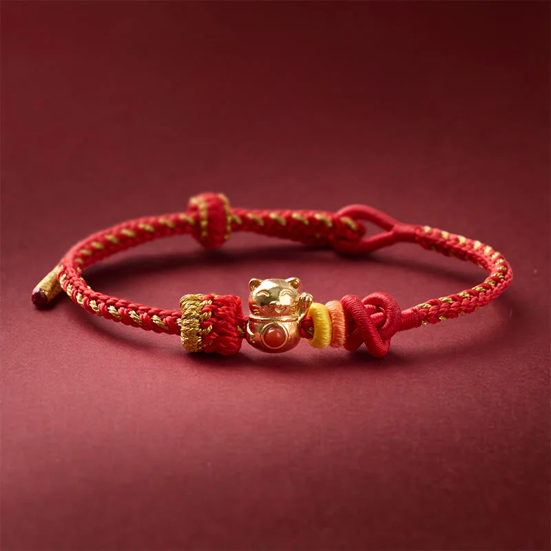 Buddha Stones Braccialetto portafortuna con filo rosso di rame a forma di gatto