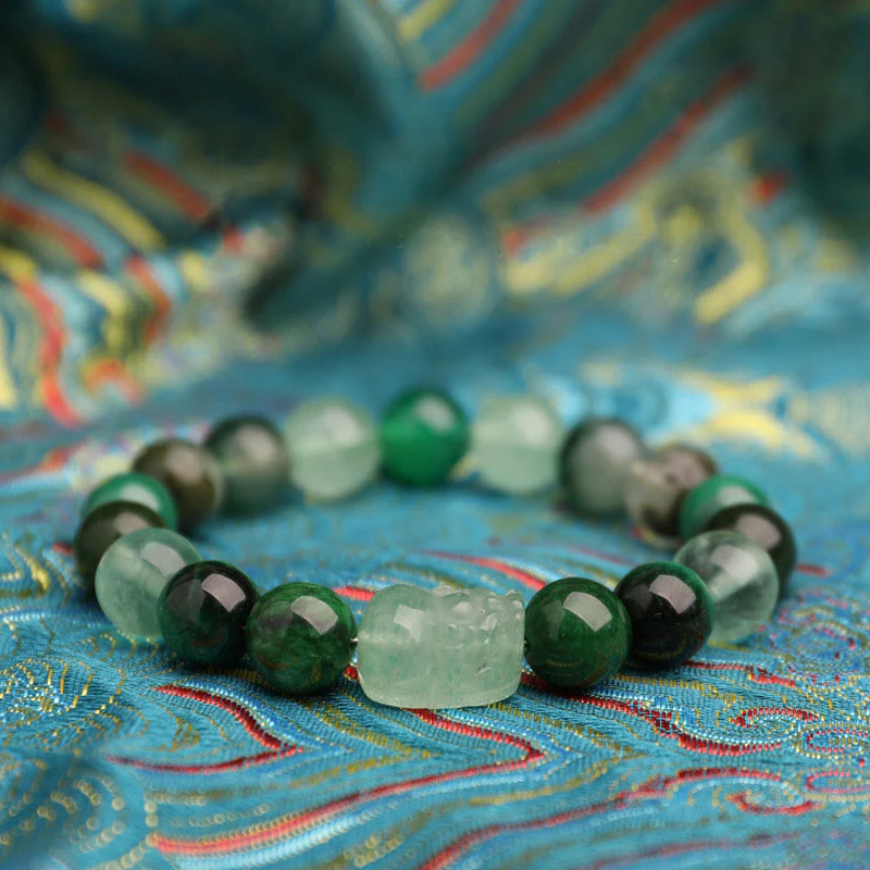 Buddha Stones Braccialetto portafortuna fantasma verde a cinque elementi con agata verde cristallo, quarzo fragola e agata muschiata. - Image 16