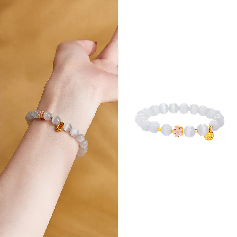 Buddha Stones Braccialetto portafortuna in argento sterling 925 con fiore di pesco e occhio di gatto bianco - Image 13