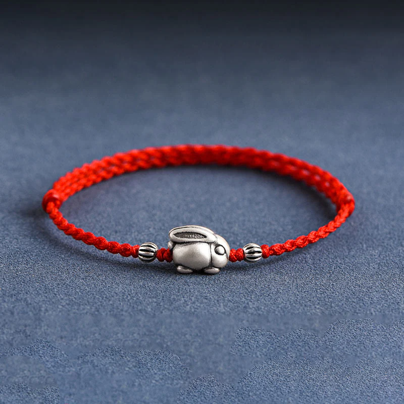 Buddha Stones Braccialetto portafortuna in corda di coniglio in argento sterling 999 fatto a mano