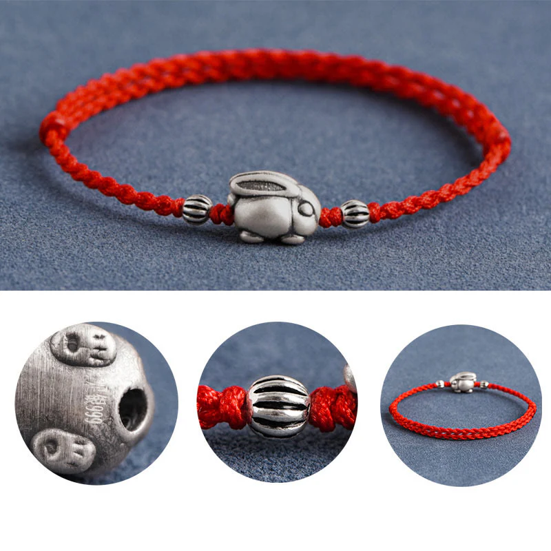Buddha Stones Braccialetto portafortuna in corda di coniglio in argento sterling 999 fatto a mano - Image 9