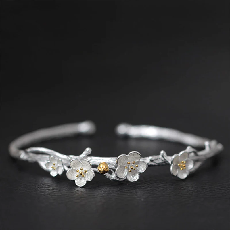 Buddha Stones Braccialetto regolabile con benedizione a forma di fiore di prugna in argento sterling 925 - Image 13