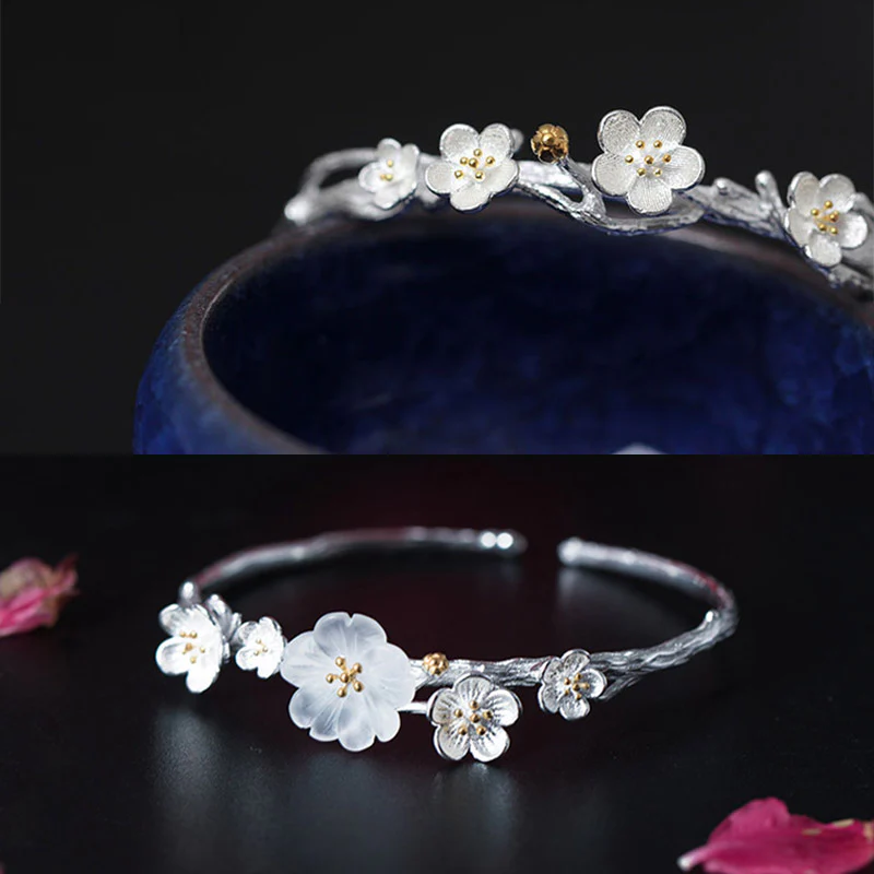 Buddha Stones Braccialetto regolabile con benedizione a forma di fiore di prugna in argento sterling 925 - Image 14