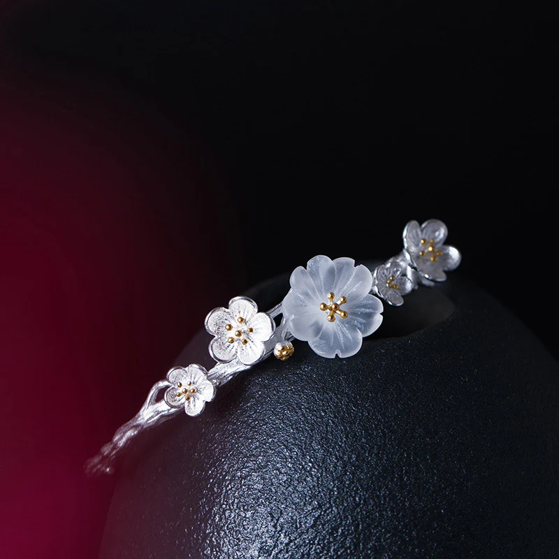 Buddha Stones Braccialetto regolabile con benedizione a forma di fiore di prugna in argento sterling 925 - Image 4