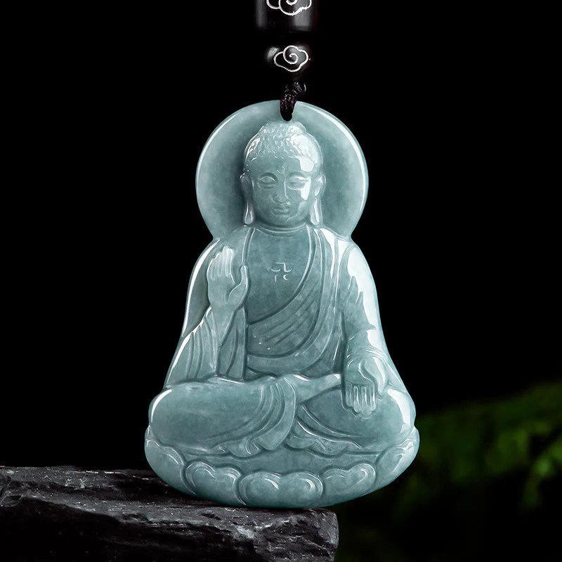 Buddha Stones Buddha Amitabha Giada naturale Loto Amuleto Compassione Corda Collana Pendente