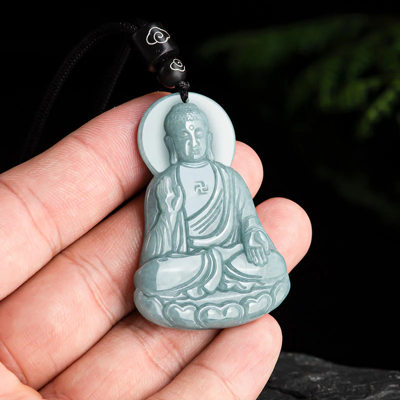 Buddha Stones Buddha Amitabha Giada naturale Loto Amuleto Compassione Corda Collana Pendente - Image 3