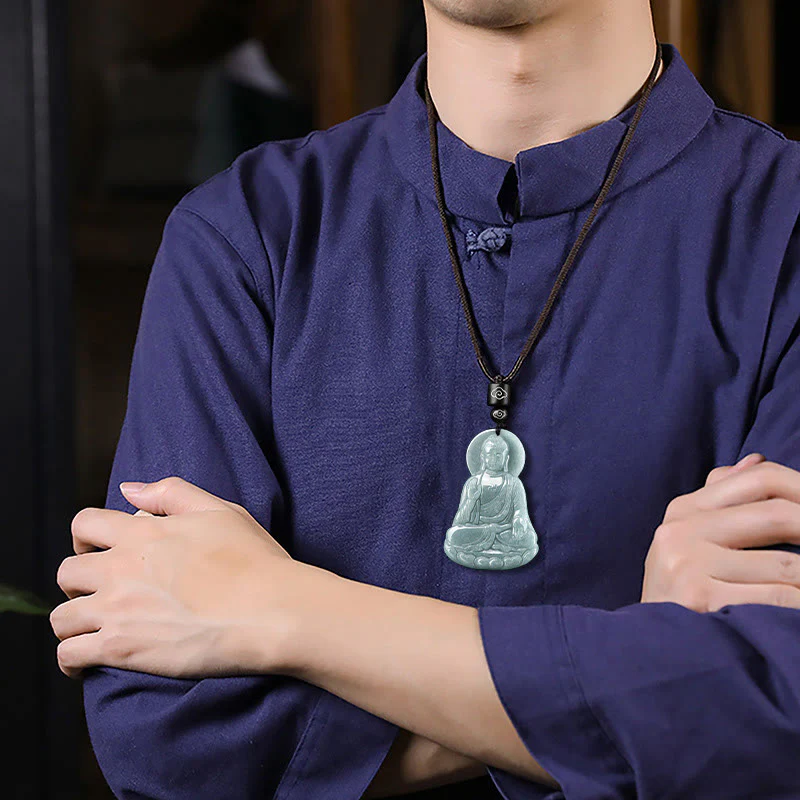 Buddha Stones Buddha Amitabha Giada naturale Loto Amuleto Compassione Corda Collana Pendente - Image 4