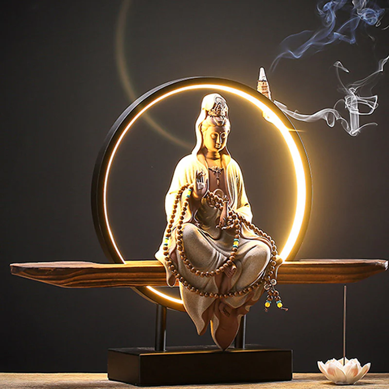 Buddha Stones Buddha Avalokitesvara Ceramica Loto Rilassamento Bruciatore di Incenso Decorazione - Image 12