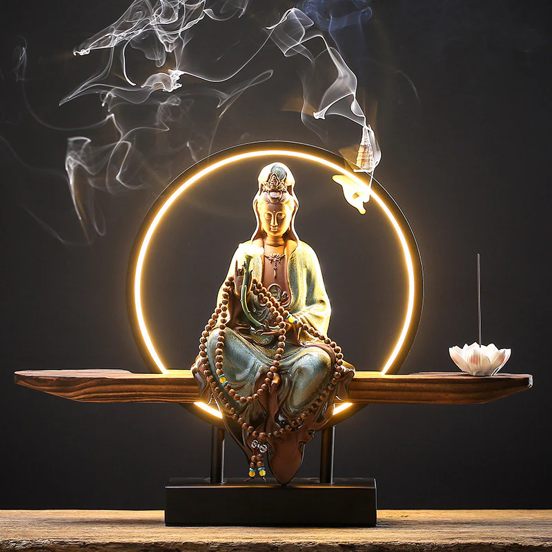 Buddha Stones Buddha Avalokitesvara Ceramica Loto Rilassamento Bruciatore di Incenso Decorazione - Image 4
