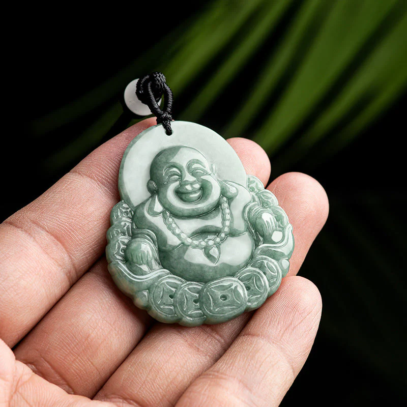 Buddha Stones Buddha che ride Collana con ciondolo in giada naturale con moneta di rame e abbondanza - Image 3
