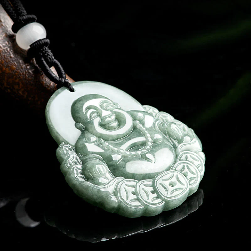 Buddha Stones Buddha che ride Collana con ciondolo in giada naturale con moneta di rame e abbondanza - Image 4