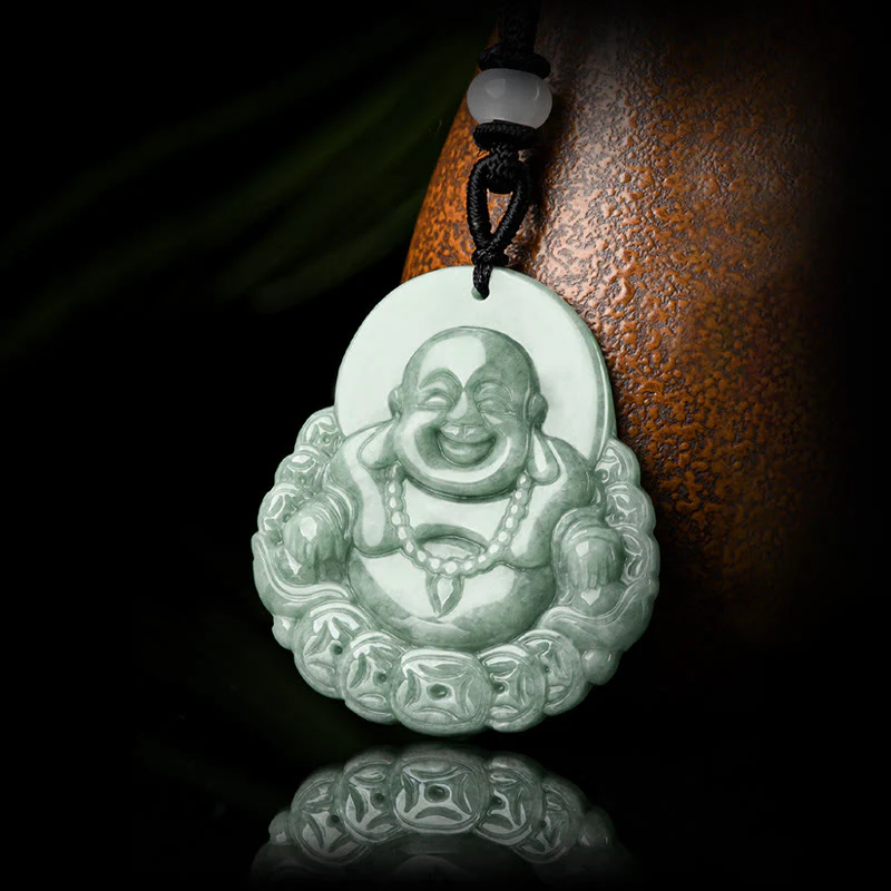 Buddha Stones Buddha che ride Collana con ciondolo in giada naturale con moneta di rame e abbondanza - Image 6