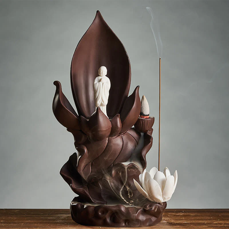 Buddha Stones Buddha di loto Avalokitesvara Illuminazione Bruciatore di incenso in argilla viola Decorazione - Image 14