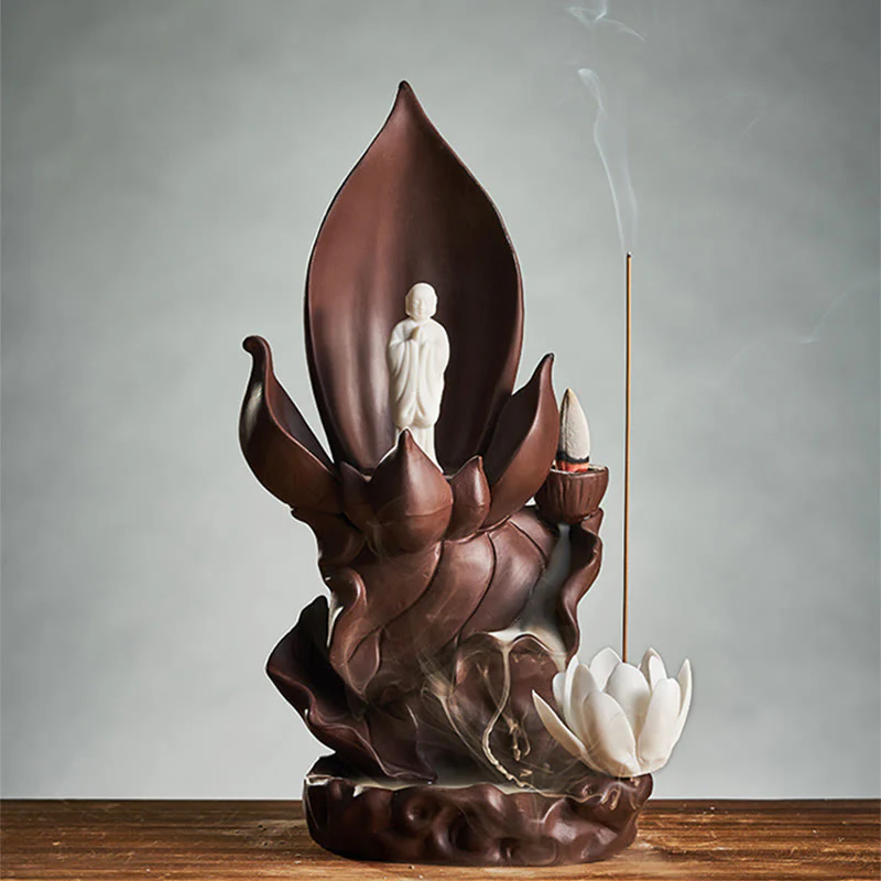 Buddha Stones Buddha di loto Avalokitesvara Illuminazione Bruciatore di incenso in argilla viola Decorazione - Image 15