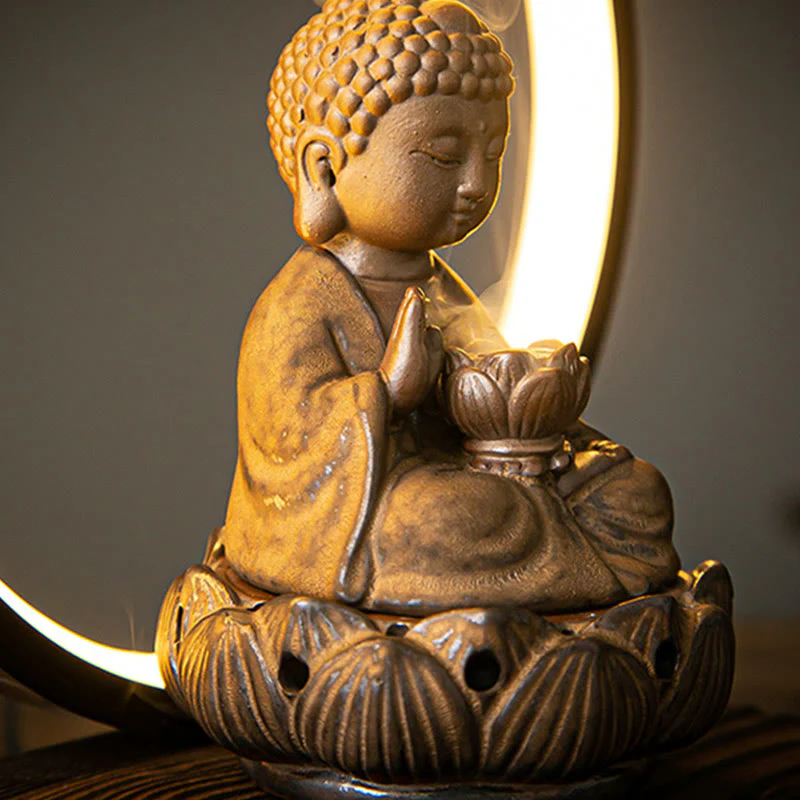 Buddha Stones Buddha Lotus Fontana di fumo a riflusso Bruciatore di incenso di benedizione in ceramica con decorazione luminosa - Image 10