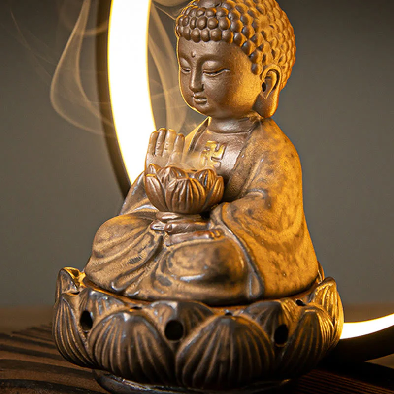 Buddha Stones Buddha Lotus Fontana di fumo a riflusso Bruciatore di incenso di benedizione in ceramica con decorazione luminosa - Image 11