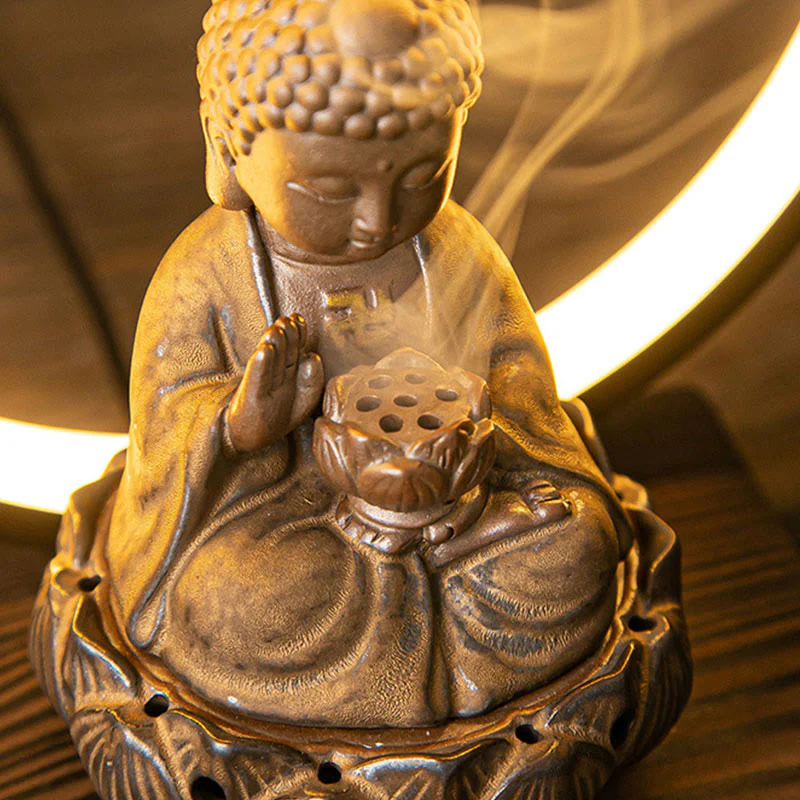 Buddha Stones Buddha Lotus Fontana di fumo a riflusso Bruciatore di incenso di benedizione in ceramica con decorazione luminosa - Image 12