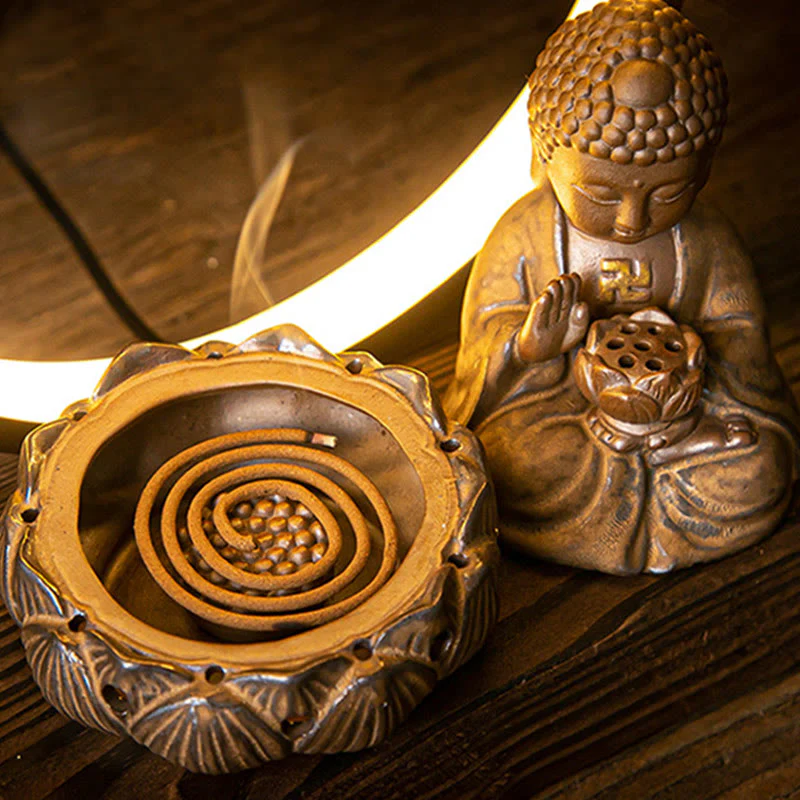 Buddha Stones Buddha Lotus Fontana di fumo a riflusso Bruciatore di incenso di benedizione in ceramica con decorazione luminosa - Image 13