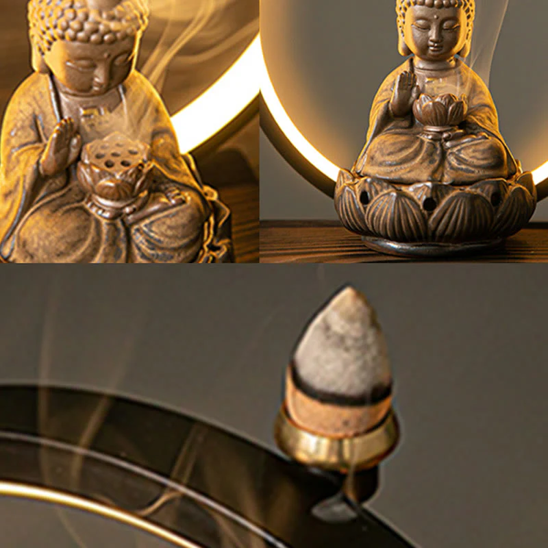 Buddha Stones Buddha Lotus Fontana di fumo a riflusso Bruciatore di incenso di benedizione in ceramica con decorazione luminosa - Image 15
