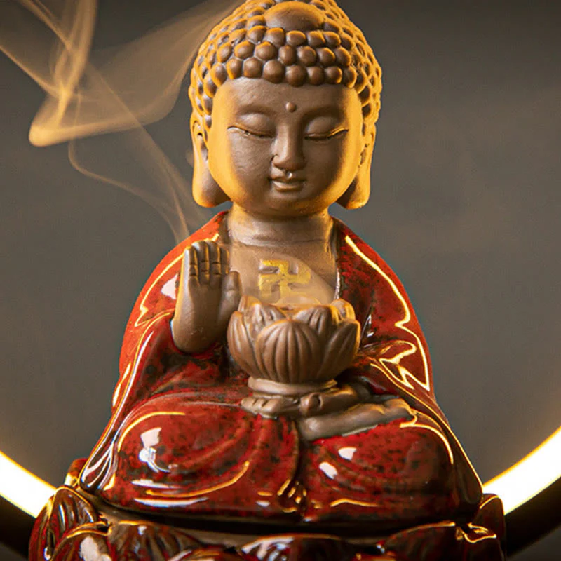 Buddha Stones Buddha Lotus Fontana di fumo a riflusso Bruciatore di incenso di benedizione in ceramica con decorazione luminosa - Image 2