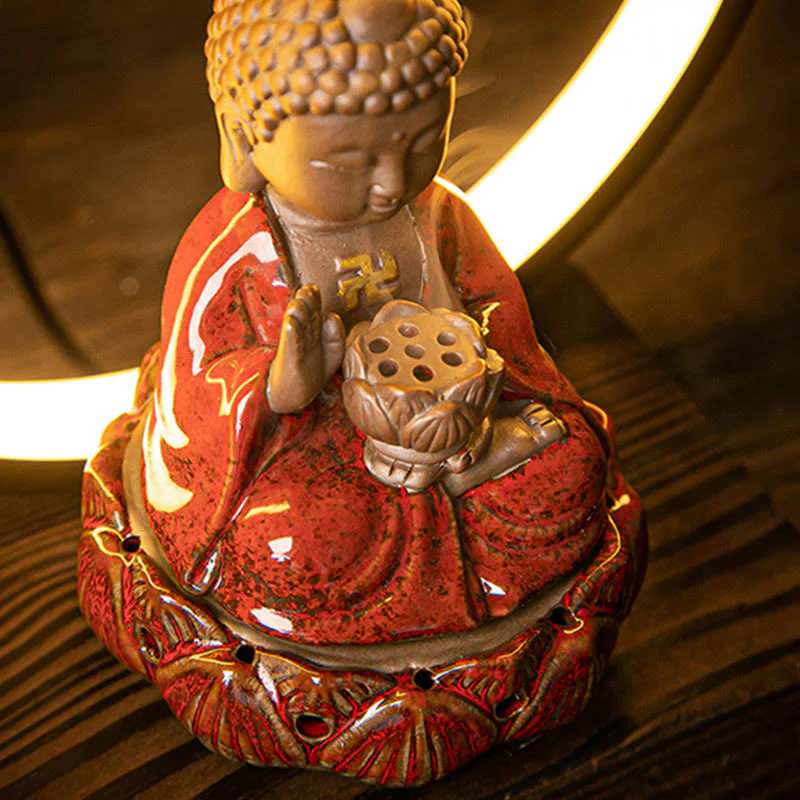 Buddha Stones Buddha Lotus Fontana di fumo a riflusso Bruciatore di incenso di benedizione in ceramica con decorazione luminosa - Image 4