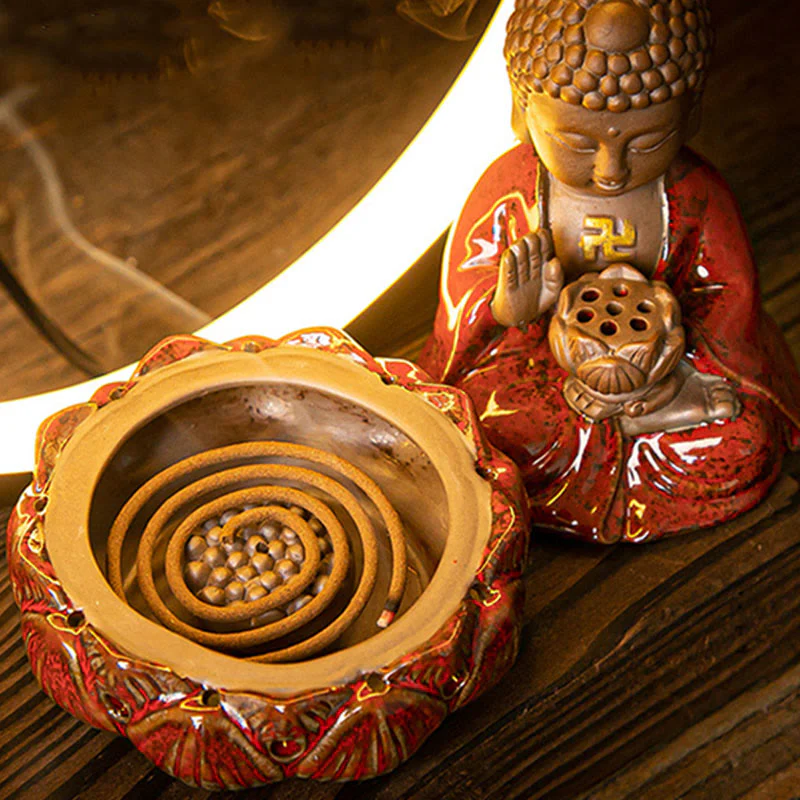 Buddha Stones Buddha Lotus Fontana di fumo a riflusso Bruciatore di incenso di benedizione in ceramica con decorazione luminosa - Image 5