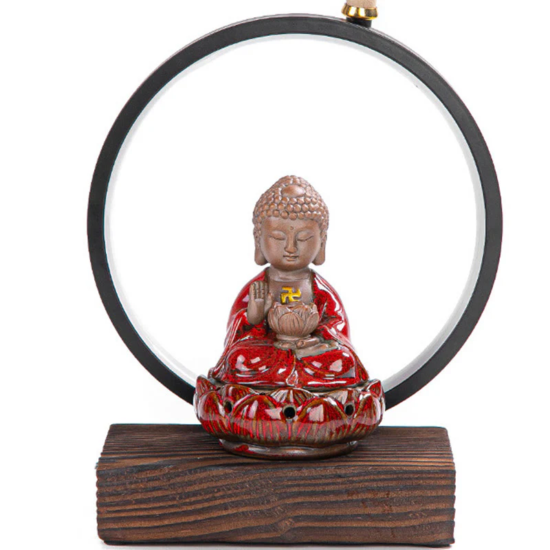 Buddha Stones Buddha Lotus Fontana di fumo a riflusso Bruciatore di incenso di benedizione in ceramica con decorazione luminosa - Image 6