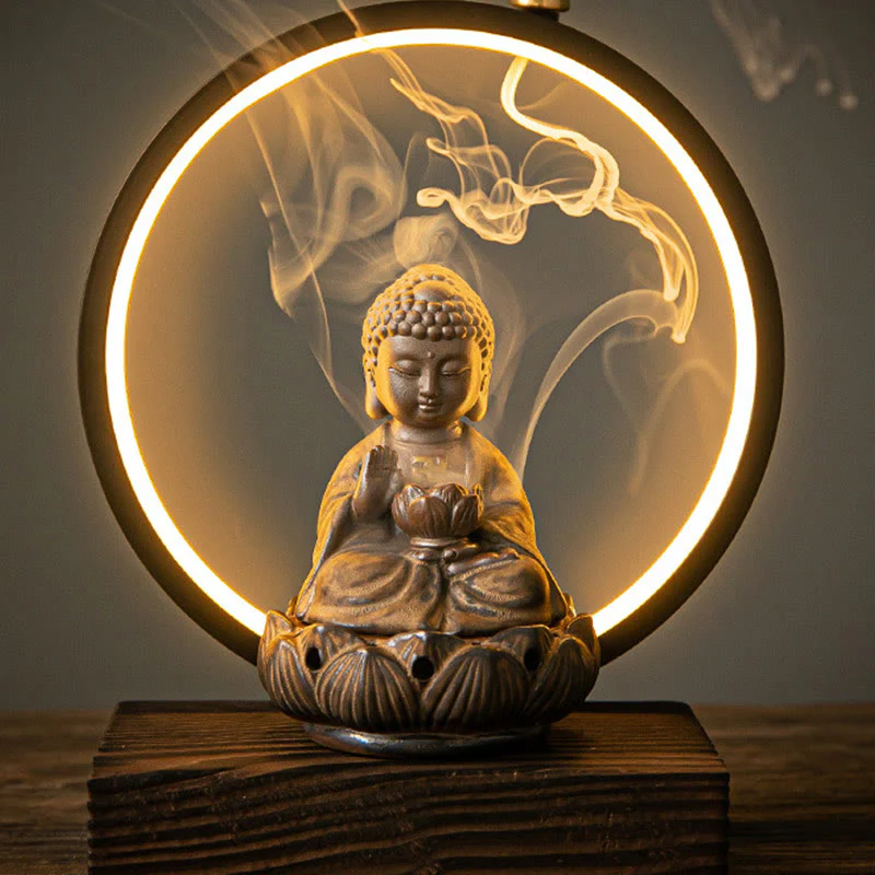 Buddha Stones Buddha Lotus Fontana di fumo a riflusso Bruciatore di incenso di benedizione in ceramica con decorazione luminosa - Image 8
