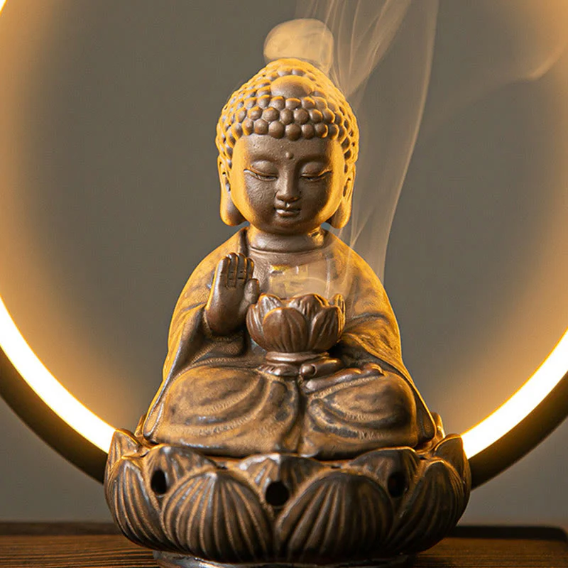 Buddha Stones Buddha Lotus Fontana di fumo a riflusso Bruciatore di incenso di benedizione in ceramica con decorazione luminosa - Image 9