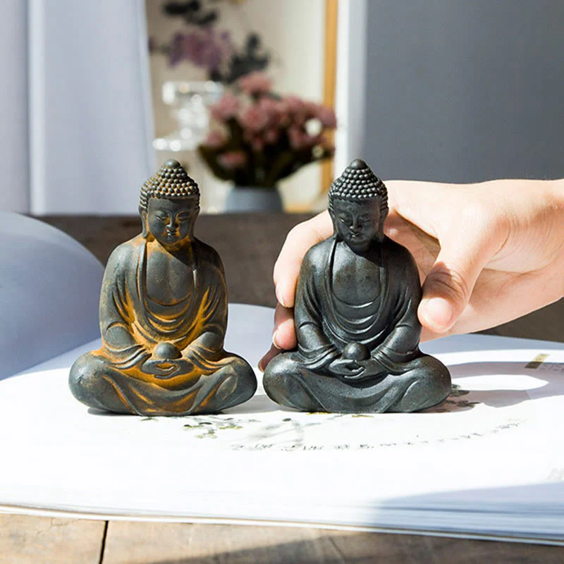 Buddha Stones Buddha tibetano in meditazione Statua in resina fusa ruggine polvere di ferro Decorazione della serenità - Image 14