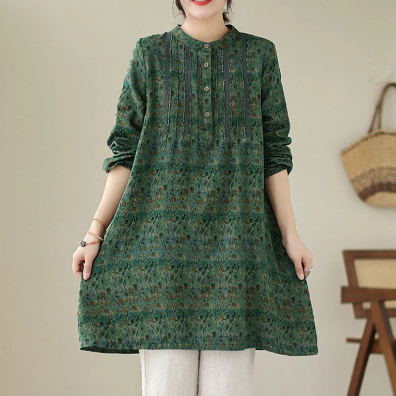 Buddha Stones Camicia a maniche lunghe da donna con pieghe a fisarmonica, stampa floreale retrò e tasche - Image 19