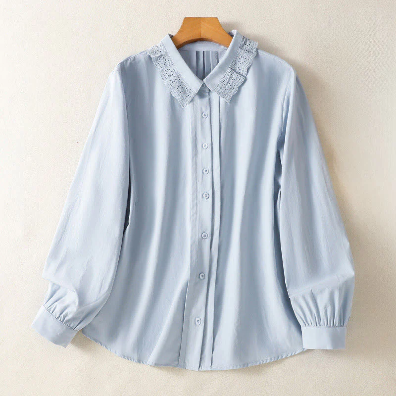 Buddha Stones Camicia casual da donna in cotone con revers in pizzo e maniche lunghe