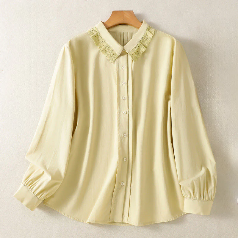 Buddha Stones Camicia casual da donna in cotone con revers in pizzo e maniche lunghe - Image 10