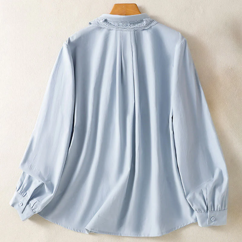 Buddha Stones Camicia casual da donna in cotone con revers in pizzo e maniche lunghe - Image 2