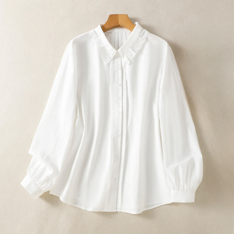 Buddha Stones Camicia casual da donna in cotone con revers in pizzo e maniche lunghe - Image 20