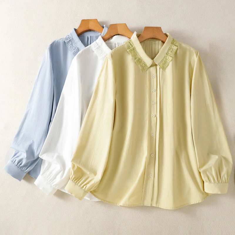 Buddha Stones Camicia casual da donna in cotone con revers in pizzo e maniche lunghe - Image 28